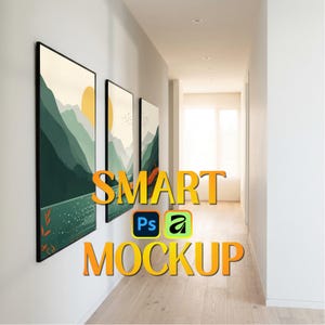 May include: Three framed landscape art prints with black borders hang on a white wall in a hallway. The artwork features a mountain scene with a yellow sun and green and teal tones. The text "SMART MOCKUP" is overlaid on the image.