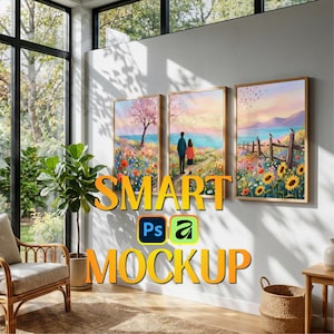 May include: Three framed landscape paintings with wooden frames hang on a white wall. The paintings depict colourful scenes of nature, including flowers, trees, and people. The text "SMART MOCKUP" is displayed in large, yellow letters.