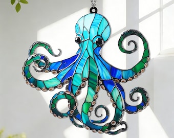 Blue Octopus Suncatcher Window Decor, Ocean Animal Hanging Ornament, Sea Creature Glass Art, Coastal Gift For Beach And Marine Life Lovers