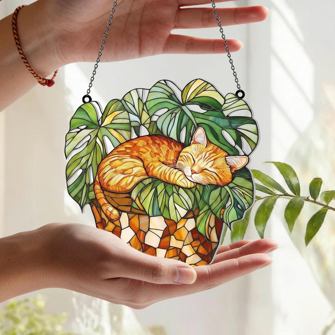 Orange Cat Monstera Acrylic Window Sun Catcher, Fade-resistant Hanging ...