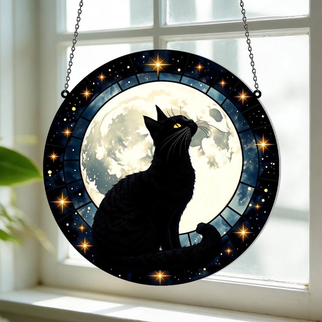 Black Cat Stained Glass Suncatcher, Moon Window Hanging, Gothic Cat Sun ...