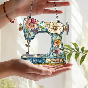 Wildflower Sewing Machine Acrylic Ornament,Stained Window Hanging Ornament,Ideal Mother's Day Gift for Quilter,Seamstress and Sewing Lovers