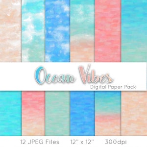 Digital Scrapbook Paper - Ocean Vibes Watercolor, Beach background, Digital watercolor texture, Digital paper beach ocean painting