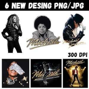 Puede incluir: Seis imágenes digitales con Michael Jackson. Las imágenes incluyen retratos y fotos de acción del cantante, con el nombre "Michael" o "Michael Jackson" en escritura dorada. También está presente el texto "6 NEW DESING PNG/JPG" y "300 DPI".