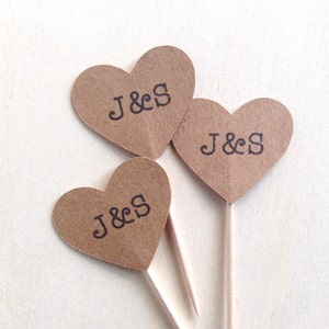 Personalized Cupcake Toppers, Kraft Heart, Succulent Favor Pick, Wedding, Shower, Party Decor, Double-Sided