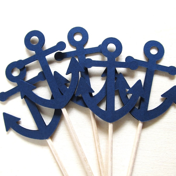 Nautical Anchor Cupcake Toppers, Dark Navy Blue, Baby Shower, Wedding, Pirate Party Decor, Double-Sided