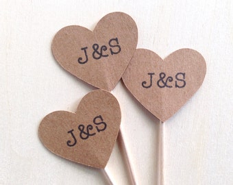 Personalized Cupcake Toppers, Kraft Heart, Succulent Favor Pick, Wedding, Shower, Party Decor, Double-Sided