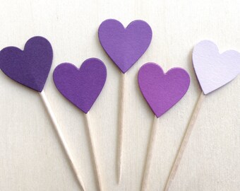 24 Purple Heart Cupcake Toppers, Party Decor, Weddings, Showers, Sofia the First, Princess Party, Love, Baby, Girl, Valentine's Day