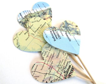 Vintage Map Heart Cupcake Toppers, Party Decor, Travel Theme, Double-Sided, Graduation, Weddings, Showers, Birthdays, Atlas, Set of 15