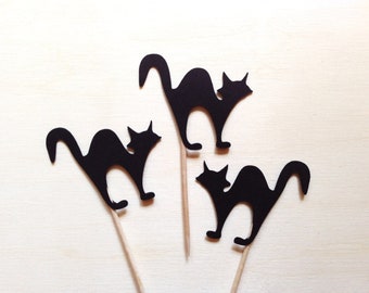 Halloween Cats Cupcake Toppers,  Party Decor, Halloween Decoration, Black, Double-Sided, Spooky Fun