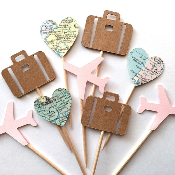 Travel Cupcake Toppers, Airplane, Map, Luggage, Adventure Party Decor, Wedding, Baby Shower, Birthday, Transportation, Double-Sided