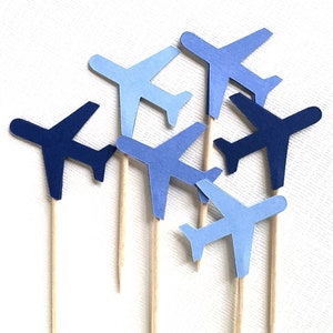 Airplane Cupcake Toppers, Blue, Transportation Party Decor, Food Picks, Baby Showers, Birthdays, Double-Sided, Travel Theme