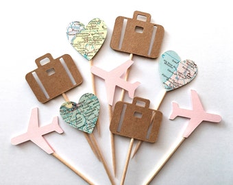 Travel Cupcake Toppers, Airplane, Map, Luggage, Adventure Party Decor, Wedding, Baby Shower, Birthday, Transportation, Double-Sided