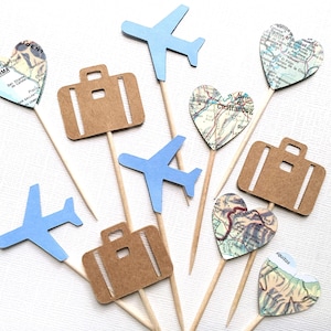 Travel Cupcake Toppers, Airplane, Map, Luggage, Adventure Party Decor, Wedding, Baby Shower, Birthday, Transportation, Double-Sided Blue