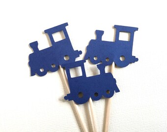 Train Cupcake Toppers, Navy Blue, Party Decor, Baby Showers, Birthdays, Double-Sided, Travel Theme, Transportation