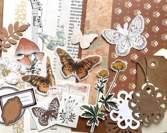 Junk Journal Paper Kit Grab Bag, Butterfly Garden Theme, Ephemera, Collage Art, Old Book Pages, Stickers and More, Over 50 pieces
