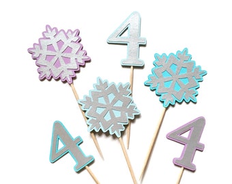 Snowflake Age Number Cupcake Toppers, Winter Wonderland, Silver Shimmer, Birthday Party, Blues and Purple