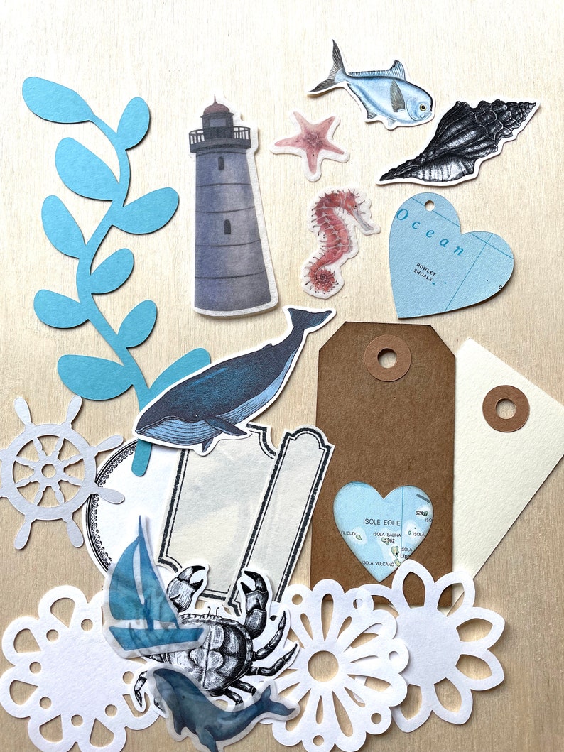 Junk Journal Paper Kit Grab Bag, Nautical, Ocean, Sea, Scrapbooking, Collage Art, Maps, Old Book Pages, Stickers and More, Over 50 pieces image 4