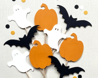 Halloween Cupcake Toppers, Ghost Pumpkin Bat Party Decor, Double-Sided