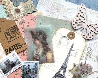 Paris Junk Journal Paper Kit Grab Bag, Scrapbooking Ephemera, French Collage Art, Maps, Old Book Pages, Stickers and More, Over 50 pieces