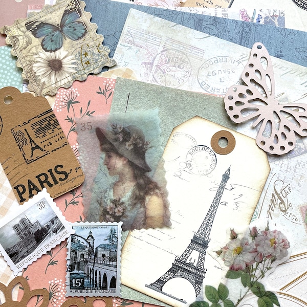 Paris Junk Journal Paper Kit Grab Bag, Scrapbooking Ephemera, French Collage Art, Maps, Old Book Pages, Stickers and More, Over 50 pieces