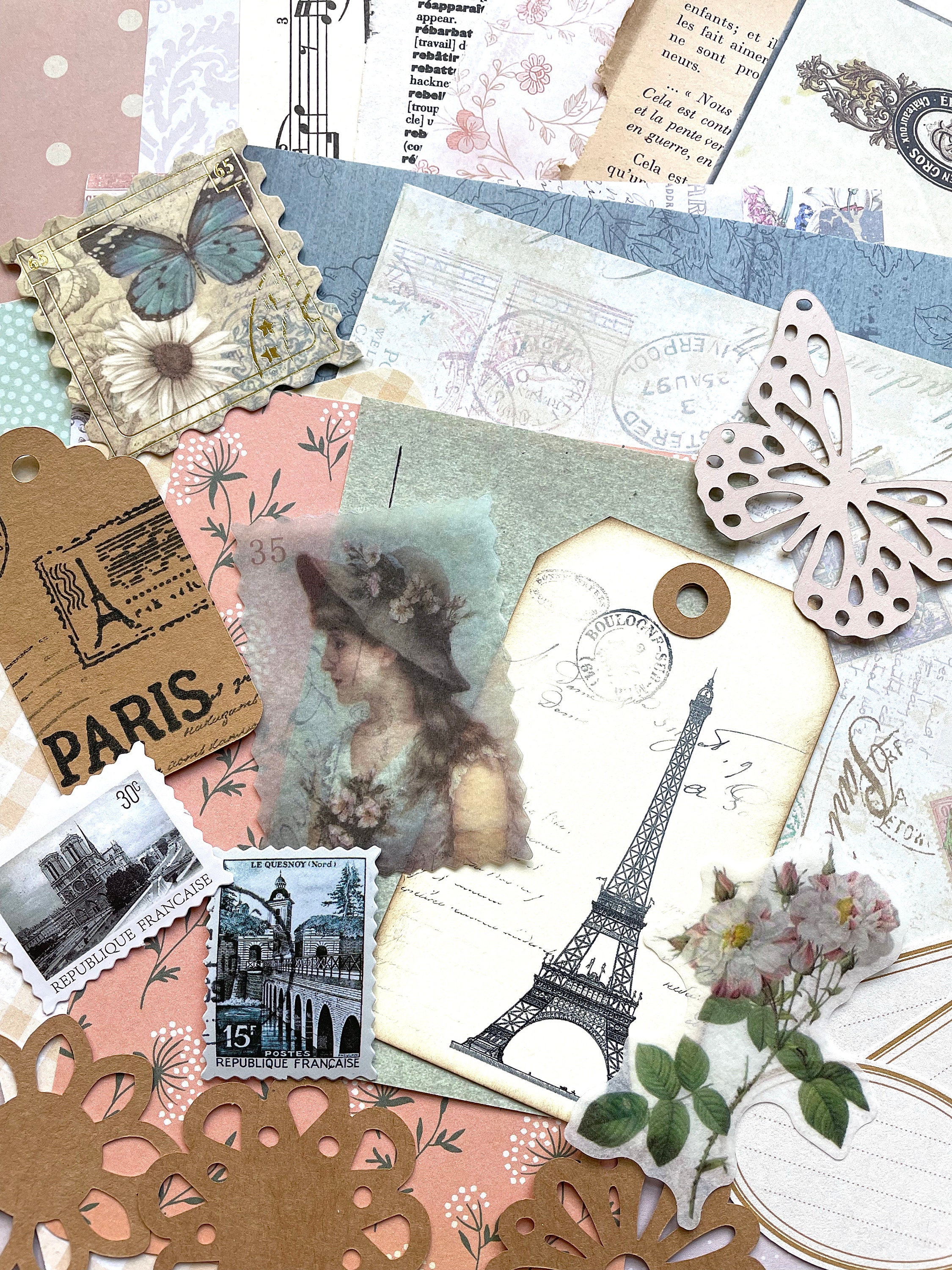Paris Junk Journal Paper Kit Grab Bag, Scrapbooking Ephemera, French Collage Art, Maps, Old Book Pages, Stickers and More, Over 50 pieces