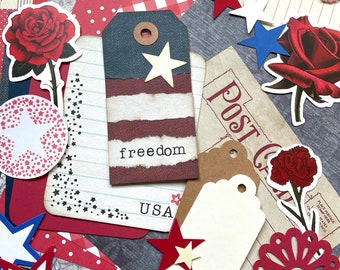 Fourth of July Junk Journal Paper Kit, Scrapbooking Supplies Grab Bag, Collage Art, Papercrafting Ephemera, Over 50 pieces