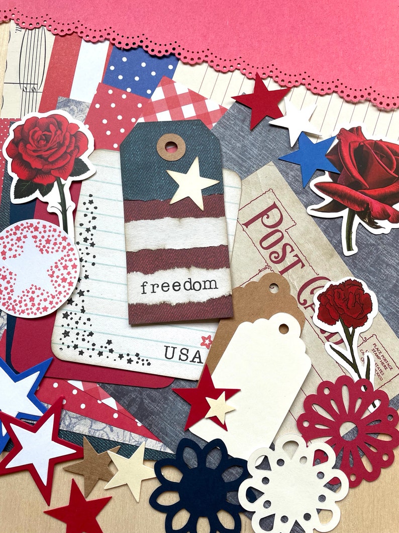 Fourth of July Junk Journal Paper Kit, Scrapbooking Supplies Grab Bag, Collage Art, Papercrafting Ephemera, Over 50 pieces image 1