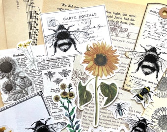 Junk Journal Paper Kit Grab Bag, Bumblebee Garden, Abeille et fleur éphémère, Collage Art, Techniques mixtes, Pages de vieux livres, Autocollants et plus