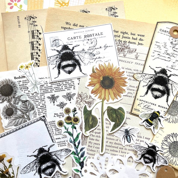 Junk Journal Paper Kit Grab Bag, Bumblebee Garden, Bee and Flower Ephemera, Collage Art, Mixed Media, Old Book Pages, Stickers and More