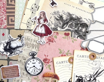 Junk Journal Supplies Grab Bag, Alice in Wonderland, Scrapbooking, Collage Art, Ephemera, Old Book Pages, Stickers and More, Over 50 pieces