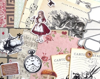 Junk Journal Supplies Grab Bag, Alice in Wonderland, Scrapbooking, Collage Art, Ephemera, Old Book Pages, Stickers and More, Over 50 pieces