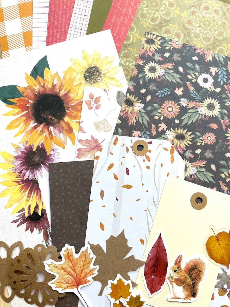 Junk Journal Paper Kit Grab Bag, Autumn Woods Theme, Fall Scrapbooking, Collage Art, Maps, Old Book Pages, Stickers and More, Over 50 pieces image 1