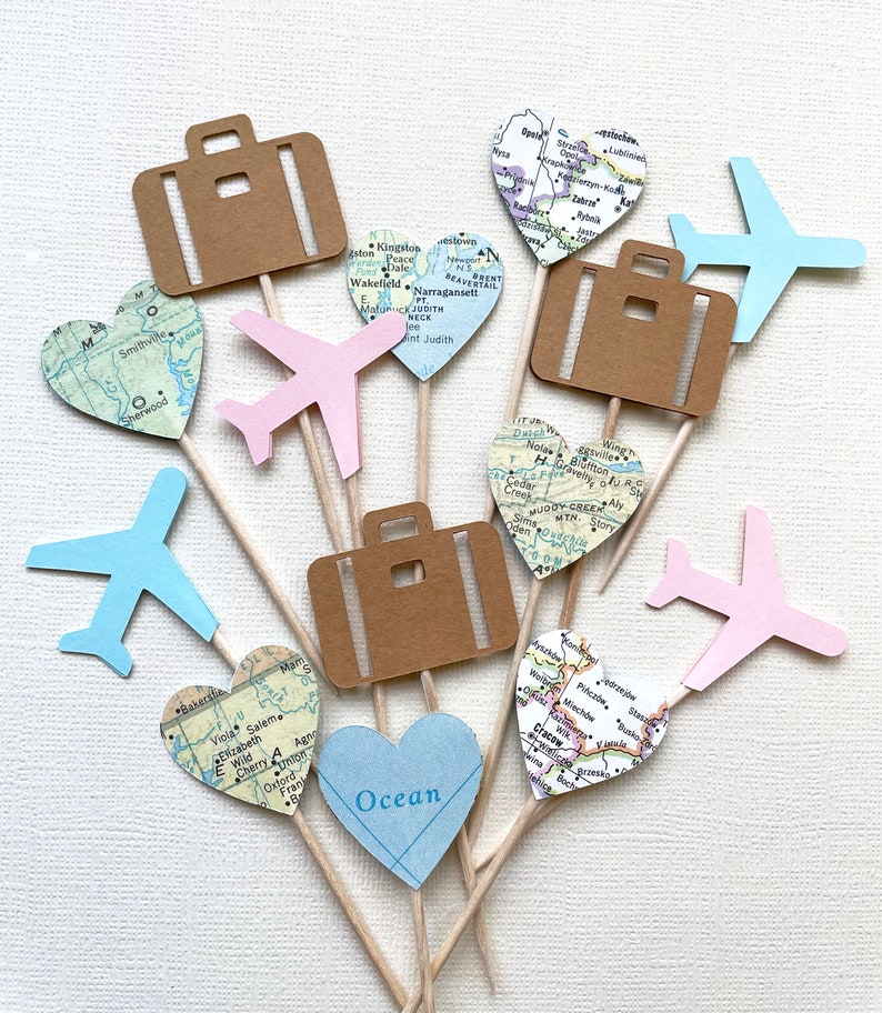 Travel Cupcake Toppers, Airplane, Map, Luggage, Adventure Party Decor, Wedding, Baby Shower, Birthday, Transportation, Double-Sided Blue/Pink Mix