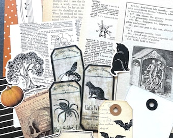 Junk Journal Paper Kit Grab Bag, Halloween Theme, Scrapbooking, Collage Art, Maps, Old Book Pages, Stickers and More, Over 50 pieces