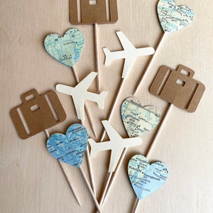 Travel Cupcake Toppers, Airplane, Map, Luggage, Adventure Party Decor, Wedding, Baby Shower, Birthday, Transportation, Double-Sided Cream