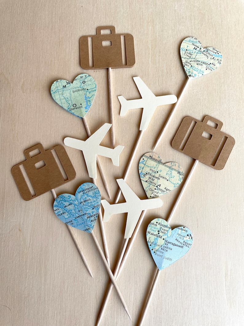 Travel Cupcake Toppers, Airplane, Map, Luggage, Adventure Party Decor, Wedding, Baby Shower, Birthday, Transportation, Double-Sided Cream