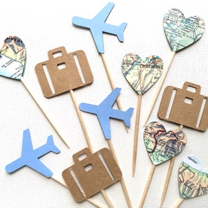 Travel Cupcake Toppers, Airplane, Map, Luggage, Adventure Party Decor, Wedding, Baby Shower, Birthday, Transportation, Double-Sided image 6