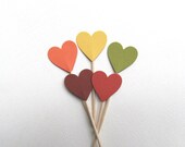 24 Autumn/Fall Heart Cupcake Toppers, Party Decor, Double-Sided, Weddings, Showers, Orange, Red, Green, Rust, Yellow