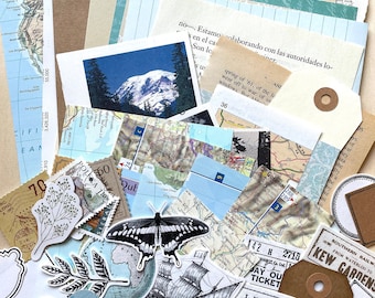 Junk Journal Paper Kit Grab Bag, Travel Theme, Scrapbooking, Collage Art, Maps, Old Book Pages, Stickers and More, Over 50 pieces