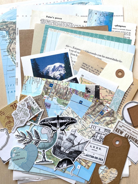 Junk Journal Paper Kit Grab Bag, Travel Theme, Scrapbooking, Collage Art,  Maps, Old Book Pages, Stickers and More, Over 50 Pieces 