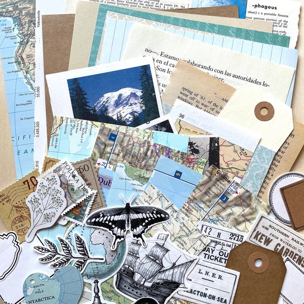 Junk Journal Paper Kit Grab Bag, Travel Theme, Scrapbooking, Collage Art, Maps, Old Book Pages, Stickers and More, Over 50 pieces