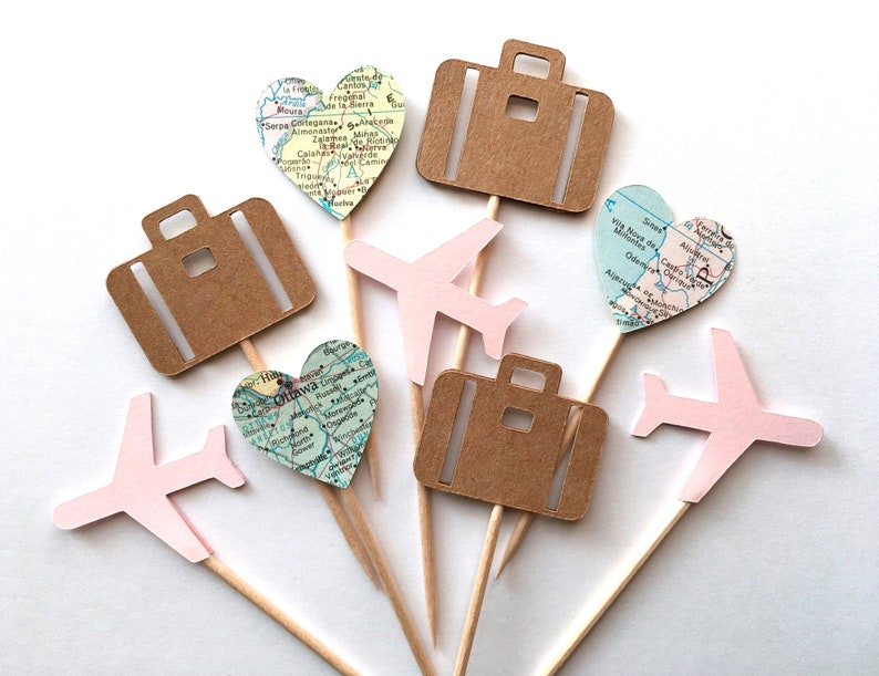 Travel Cupcake Toppers, Airplane, Map, Luggage, Adventure Party Decor, Wedding, Baby Shower, Birthday, Transportation, Double-Sided Pink