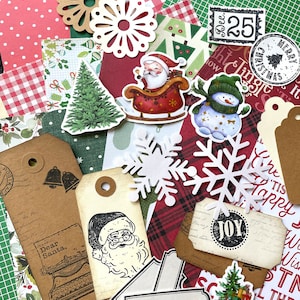 Christmas Scrapbooking Kit, Holiday Junk Journal Supplies, Scrapbook Ephemera, Paper, Book Pages, Stickers, Tags and More, Over 50 Pieces