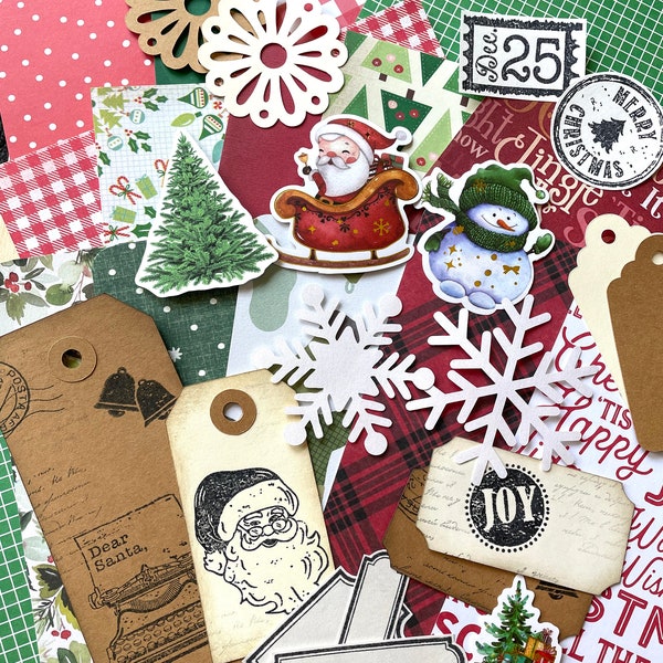Christmas Scrapbooking Kit, Holiday Junk Journal Supplies, Scrapbook Ephemera, Paper, Book Pages, Stickers, Tags and More, Over 50 Pieces