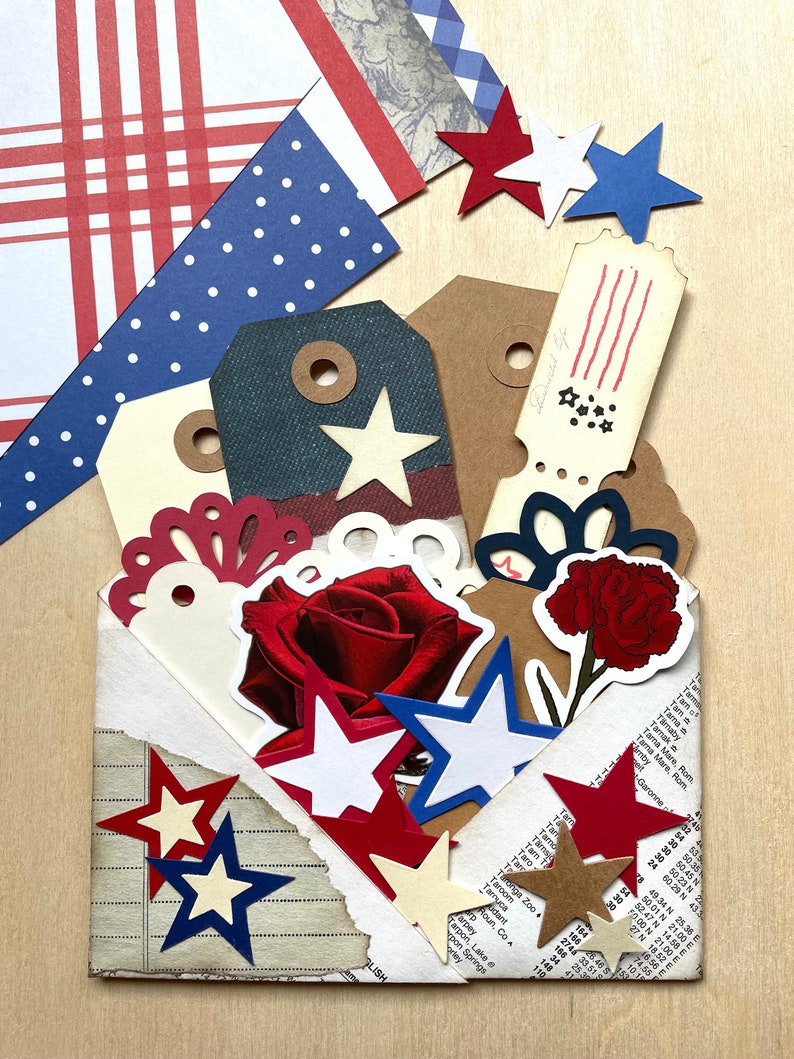 Fourth of July Junk Journal Paper Kit, Scrapbooking Supplies Grab Bag, Collage Art, Papercrafting Ephemera, Over 50 pieces image 2