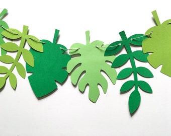 Safari Jungle Garland, Tropical Leaf Bunting, Banner Party Decor, Dinosaur Party, Baby Shower, Wild One Birthday, Wedding