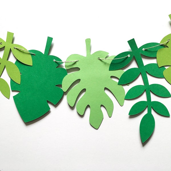 Safari Jungle Garland, Tropical Leaf Bunting, Banner Party Decor, Dinosaur Party, Baby Shower, Wild One Birthday, Wedding