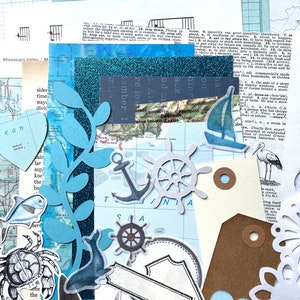 Junk Journal Paper Kit Grab Bag, Nautical, Ocean, Sea, Scrapbooking, Collage Art, Maps, Old Book Pages, Stickers and More, Over 50 pieces