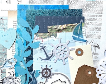 Junk Journal Paper Kit Grab Bag, Nautical, Ocean, Sea, Scrapbooking, Collage Art, Maps, Old Book Pages, Stickers and More, Over 50 pieces